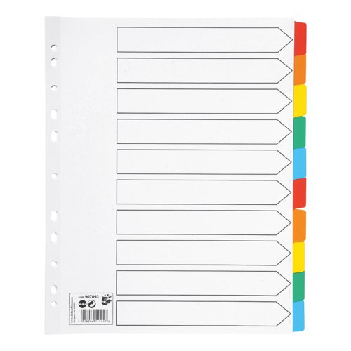 5 Star Office Maxi Divider 10-Part Multipunched Mylar-reinforced Coloured-Tabs Extra Wide A4 White