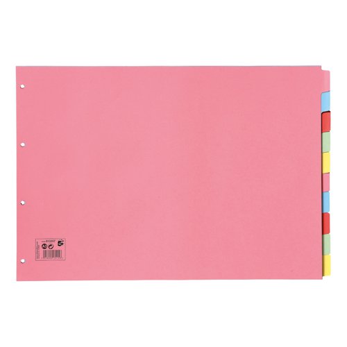 5 Star Subject Dividers 10-Part Recycled Card Multipunched 4 Hole 155gsm Landscape A3 Assorted