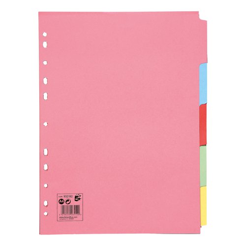 5 Star Office Subject Dividers 5-Part Recycled Card Multipunched 155gsm A4 Assorted (Pack of 10)