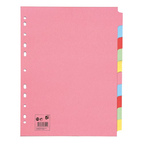 5 Star Office Subject Dividers 10-Part Recycled Card Extra Wide A4 Assorted (Pack of 10)