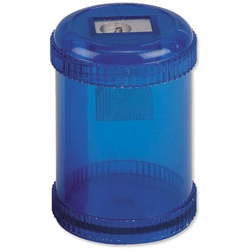 FS939973 | 5 Star Office robust plastic canister with integral aluminium single hole metal sharpener suitable for pencils up to 8mm diameter. The translucent canister encasing the sharpener collects the shavings preventing mess on your desk and allows for visibility of fill. When full, simply unscrew the secure top cap, replace and start again.