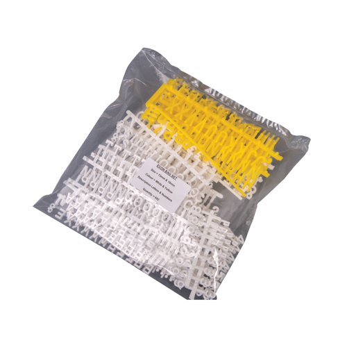 For use with Announce peg letter boards, this set of assorted characters features upper case letters and numbers to help you create a variety of signs and information. Simply plug in to your Announce letter board to quickly and easily display changeable information. This assorted pack contains white and yellow characters measuring 13mm and 19mm. This bulk bag contains 692 characters.