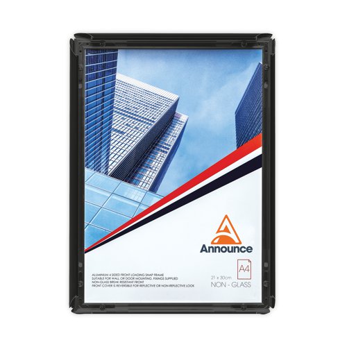 From Announce, this modern snap frame is front loading for ease of use. All front panels open with a 25mm anodised aluminium profile. Secure the four frame panels to keep photos or posters in place. The cover is UV-resistant to protect your contents.