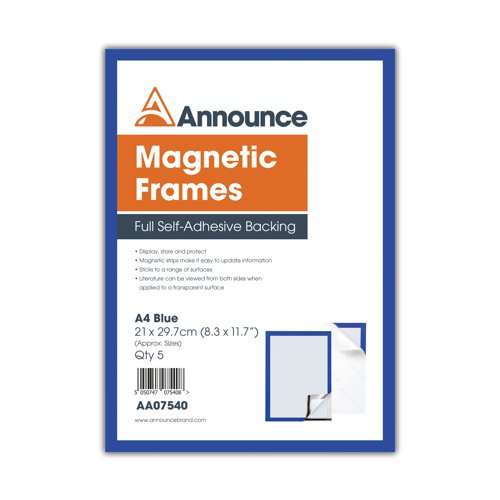 Announce Magnetic Frames A4 Blue (Pack of 5) AA07540 AA07540 Buy online at Office 5Star or contact us Tel 01594 810081 for assistance