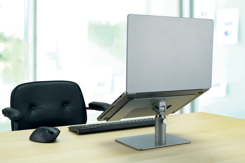 The Kensington universal desktop laptop riser is made from steel and aluminium and features a large solid base for sturdiness, stability and storage. The laptop riser enables the laptop screen to be viewed at the correct height to reduce neck strain, and the storage area created underneath enables a tidy and organised desk environment.