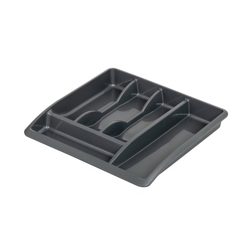 AG05890 | This Addis Cutlery Tray features an easy to clean, high-gloss finish and scooped compartments for easy access to contents. Use as stand-alone storage or in-drawer for organised cutlery. This cutlery tray measures W385 x D400 x H55mm and comes in a metallic silver finish.