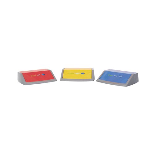 For an easy way to ensure recyclable materials are disposed of correctly, match this pack of three Addis Recycling Bin Kit Lids with Addis Recycling Bin Kit Bases (505574) for a comprehensive waste disposal system. These lids feature colour-coded swing lids with clear labels and an eye-catching Recycle logo. The kit includes red for plastic, yellow for aluminium cans and blue for paper recycling. The colour-coded system takes the guesswork out of correct recycling. (Image shows complete set of bins and lids).