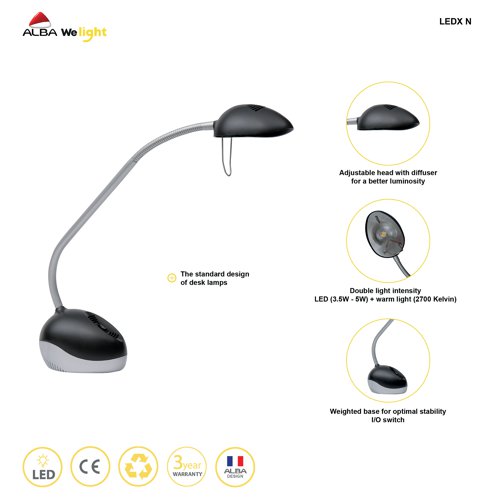 With a fresh, modern design, the Alba Halox Halogen Desk Lamp is an ideal addition to the contemporary office. With an easily articulated arm supporting a smooth, rounded swivel head, light can be directed wherever it is needed. The head itself is equipped with UV protecting glass and double insulation, and the stable, weighted base contains a switch offering 35W or 50W brightness levels. The lamp is supplied with a bulb and transformer.