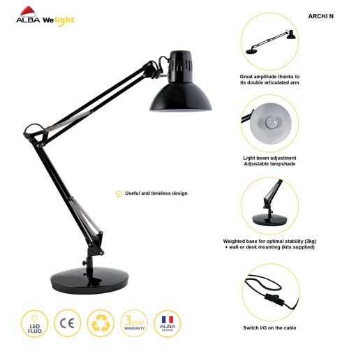 Featuring a flexible articulated arm, this Alba Architect desk lamp is perfect for illuminating your work at any angle. Manufactured in a contemporary black, the fully manoeuvrable arm has the ability to stand or be clamped to a desk, ensuring it can be used in any workspace. Compatible with E27 bulbs, available separately.