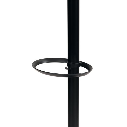 This unique and stylish coat stand from Alba contains 5 hooks of varying lengths and with rounded edges to support a variety of garments. The heavy base provides a high level of stability, even when loaded with garments. The stand includes an integrated umbrella holder and a removable water retainer. The elegant tubular steel stand measures 1870mm in height and is finished in black.