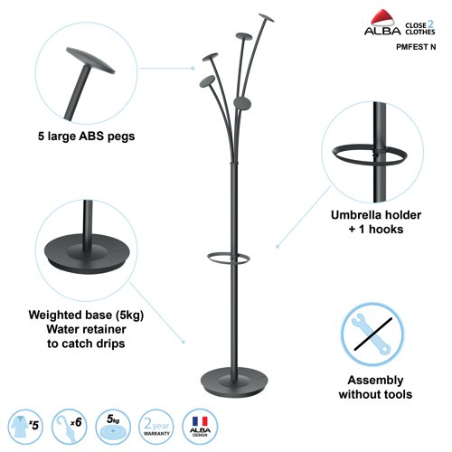 This unique and stylish coat stand from Alba contains 5 hooks of varying lengths and with rounded edges to support a variety of garments. The heavy base provides a high level of stability, even when loaded with garments. The stand includes an integrated umbrella holder and a removable water retainer. The elegant tubular steel stand measures 1870mm in height and is finished in black.