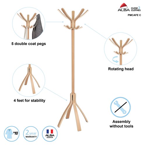 ALB01243 | This contemporary wooden coat stand has five large hooks with both a large and a small end for hanging garments. The large base has four feet for extra stability and the head rotates for ease of access to your garment. Assembly is easy without the need for tool or screws and the overall height is 1760mm.