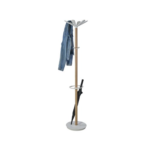 ALB90566 | This stylish modern coat stand has six hooks for hanging coats and two smaller pegs for accessories. The stand includes an integrated umbrella holder. The heavy base provides stability.