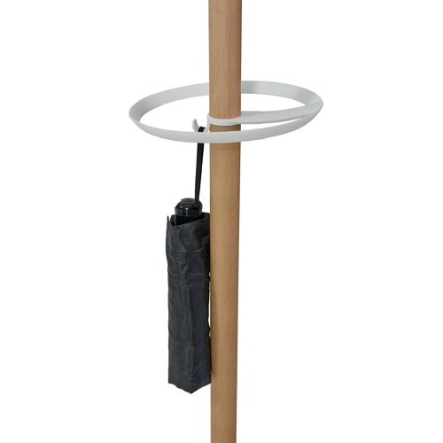This stylish modern coat stand has six hooks for hanging coats and two smaller pegs for accessories. The stand includes an integrated umbrella holder. The heavy base provides stability.