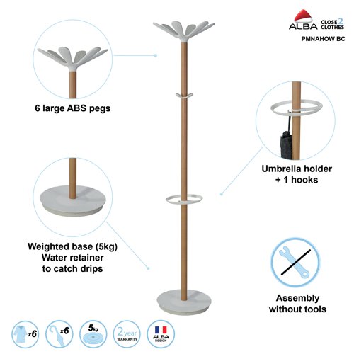 This stylish modern coat stand has six hooks for hanging coats and two smaller pegs for accessories. The stand includes an integrated umbrella holder. The heavy base provides stability.