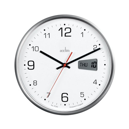 Acctim Kalendar Wall Clock with Digital Date 270mm Diameter Silver Frame 22367