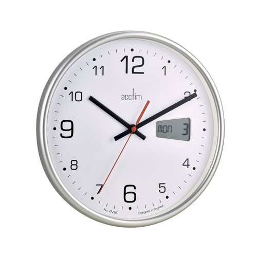 Acctim Kalendar Wall Clock with Digital Date 270mm Diameter Silver Frame 22367 ANG22367 Buy online at Office 5Star or contact us Tel 01594 810081 for assistance