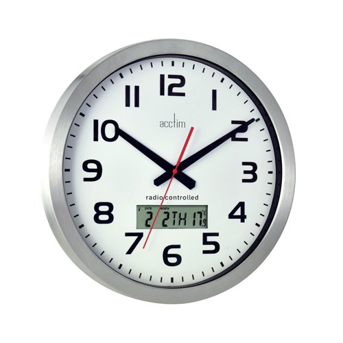 ANG74447 | Radio controlled for precision timing, accounting for the clocks changing in spring and autumn, the Acctim Meridian Wall Clock is practical as well as stylish. Displaying more than just the time, the Meridian also has a digital display that gives information on the date and the temperature of the office. In a case of spun aluminium, the clock not only looks fantastic but retains a quality and durability that will last a lifetime.