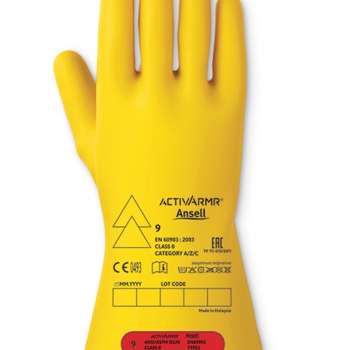 Ansell Low Voltage Electrical Insulating Gloves have an ergonomic hand-at-rest shape and non-splayed fingers to reduce hand fatigue. Natural rubber latexutilises a proprietary environmentally friendly dipping process for ultimate flexibility and dexterity. Generous flared cuff allows room for clothing. Smooth-finish for easy donning and doffing. Length: 11 inch (280mm). Used in combination with leather protector to provide mechanical protection (worn over class 00 and 0 only). Certified for resistance to acid (Category A), Ozone (Category Z) and very low temperatures (Category C). Applications with risk of touch voltage AC maximum 1000 V (DC maximum 1500). Electrical Glove Class 0 offers arc flash protection Class 1 in accordance with EN 61482-1-2. EN 60903:2003 Live working. Gloves of insulating material.