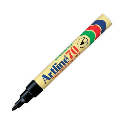 AR80151 | Designed for frequent use, this Artline 70 permanent marker features a heavy duty metal barrel and bullet tip for a 1.5mm line width. The fibre tip is suitable for marking a variety of surfaces, including glass, plastic, metal, rubber and porcelain. Ideal for bold, permanent marking, the water resistant ink is quick drying to prevent smudging. This pack contains 12 black markers.