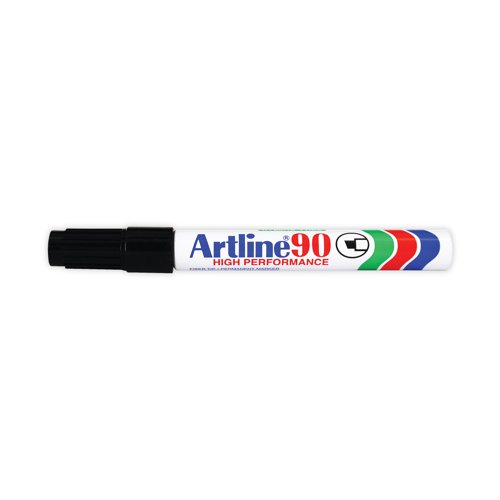 Designed for frequent use, this Artline 90 permanent marker features a heavy duty metal barrel and chisel tip for a 2.0-5.0mm line width. The fibre tip is suitable for marking a variety of surfaces, including glass, plastic, metal, rubber and porcelain. Creating both bold and finer lines, the water resistant ink is quick drying to prevent smudging. This pack contains 12 black markers.