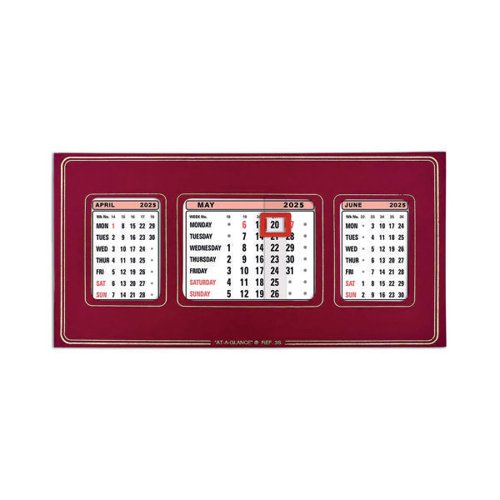 AT3S25 | Ideal for desktop use, this attractive, refillable calendar features a freestanding base and handy 3 month view. The current month is featured in the middle, with previous and forward months referenced either side. There is also an At-A-Glance date indicator on the current month. Changing the month and date indicators is easy for quick referencing. This calendar measures 130 x 250mm.