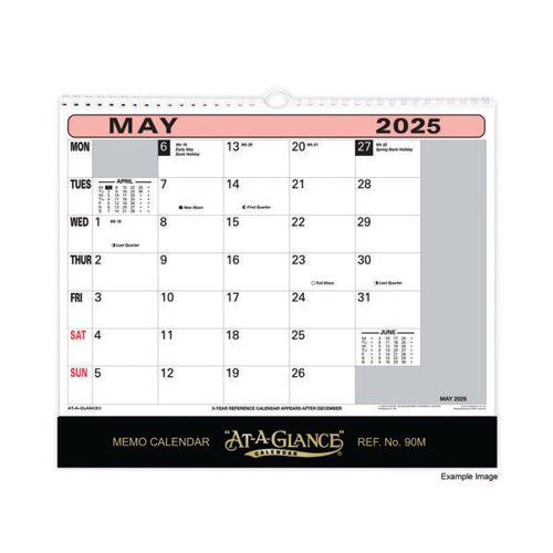 AT90M25 | Ideal for appointments, meetings, holidays and tasks, this flip over wall calendar is ideal for use at home and in the office. The calendar shows a month on each page with extra space for notes, as well as a handy 3 year reference calendar on the last page. The calendar is printed on quality paper with a sturdy backing board and is wirebound at the top with a hook for easy wall hanging. This calendar measures 276 x 330mm.
