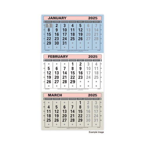 This 3 month view hanging wall calendar is ideal for planning meetings, appointments and other tasks in advance. The calendar shows the current, previous and forward months at once, or could be altered to show the current and 2 following months. It includes an At-A-Glance date indicator for easy reference and all 3 pads easily tear off to change configuration every month, making it a long lasting and effective planning tool.