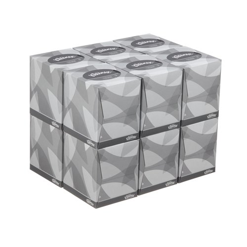AU00968 | These Kleenex 2-Ply Tissues are soft and delicate, ideal for use on the face. Supplied in a handy cube cardboard dispenser, these tissues are interleaved to give smooth retrieval from the box. This pack contains 12 boxes, each with 90 tissues.