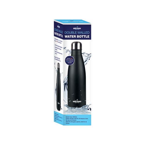 Ideal for use anywhere including the gym, camping, work or home, this drinking bottle will keep drinks hot for 12 hours or cold for 24 hours. Supplied in black with a double walled stainless steel composition, it will hold up to 500ml of liquid without the worry of breakage.