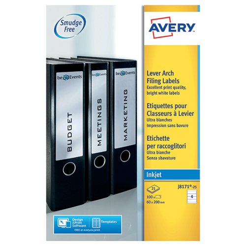 Avery Lever Arch File Label 4 per Sheet Pack of 25 J8171-25