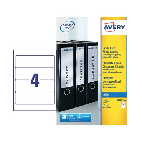 Avery lever arch filing labels let you re-use old lever arch files or ring binders with new labels. The opaque white material obscures old text and labels, letting you add new information on top. Ideal for use with your inkjet printer to create professional and easy-to-read printed labels. Customise them with online templates available for download, free from the Avery website. This pack contains 100 labels, with 25 sheets and 4 labels per sheet.