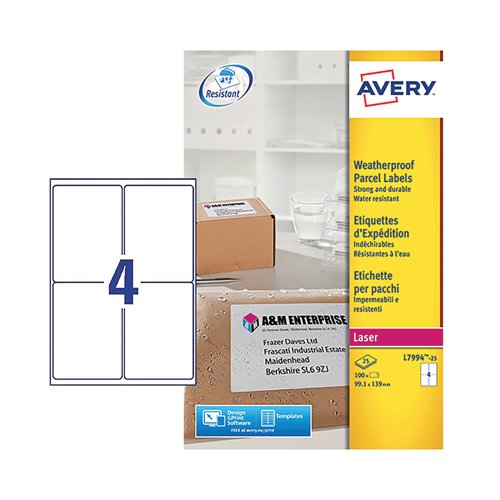 These Avery weatherproof parcel labels are made from extremely durable polyester, which is oil, dirt and UV resistant, as well as waterproof, tear proof and temperature resistant from -20 to 80 degrees Celsius. For use with laser printers, these labels are ideal for use with a variety of packing materials, including polythene envelopes. Each white label measures 99.1 x 139mm. This pack contains 25 A4 sheets, with 4 labels per sheet (100 labels in total). Redeem an Avery voucher or a shopping voucher worth up to £15! (averyrewardsclub.co.uk).