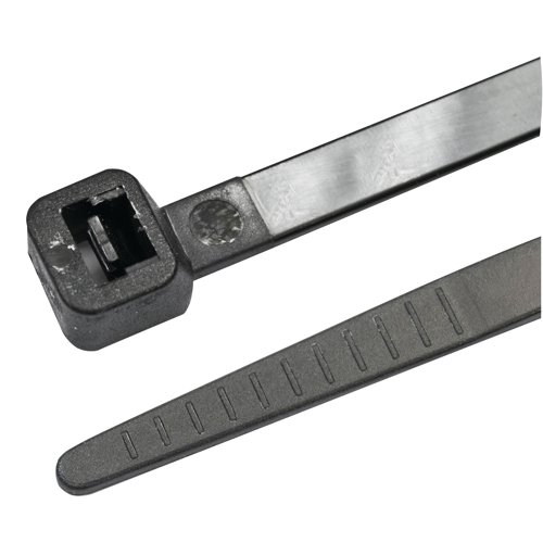 AV05105 | These Avery Dennison cable ties are ideal for bundling wires, securing packaging, security tagging and more, and are great for use in retail and industrial environments. The hard-wearing cable ties are high strength and can withstand high heat and harsh conditions. Each cable tie is a one piece, moulded mechanism with no sharp edges for easy handling. These cable ties measure 200x2.5mm, with a tensile strength of 8.1kg and a 50mm maximum bundling diameter. This pack contains 100 black cable ties.