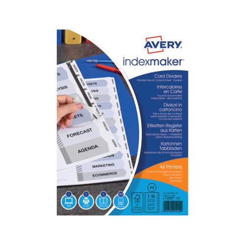 Avery Indexmaker Card Dividers 10-Part Customisable Punched 1-10 A4 White 01812061.UK