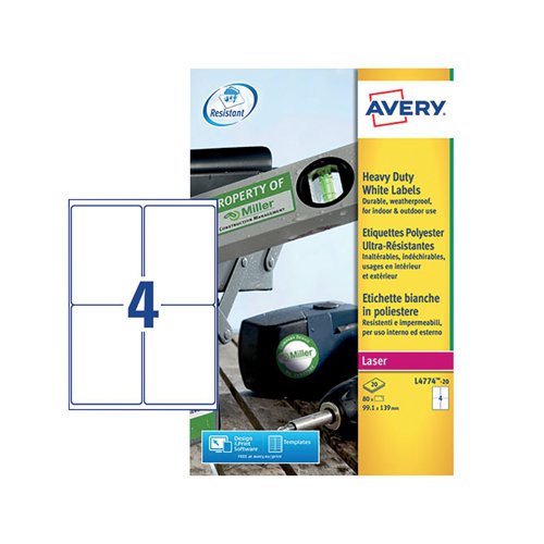 Avery Laser Label Heavy Duty 4 Per Sheet White (Pack of 80) L4774-20 - Avery UK - AV10531 - McArdle Computer and Office Supplies