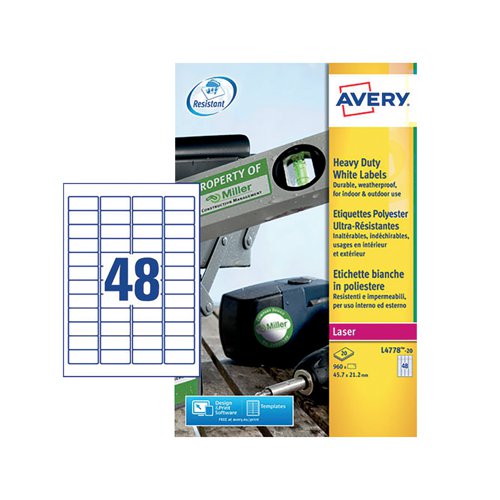 Avery Laser Label Heavy Duty 48 Per Sheet White (Pack of 960) L4778-20 AV10536 Buy online at Office 5Star or contact us Tel 01594 810081 for assistance