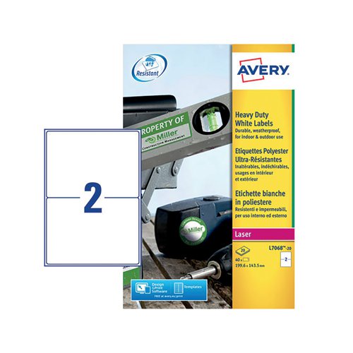 Avery Laser Label Heavy Duty 2 Per Sheet White (Pack of 40) L7068-20 - Avery UK - AV10570 - McArdle Computer and Office Supplies
