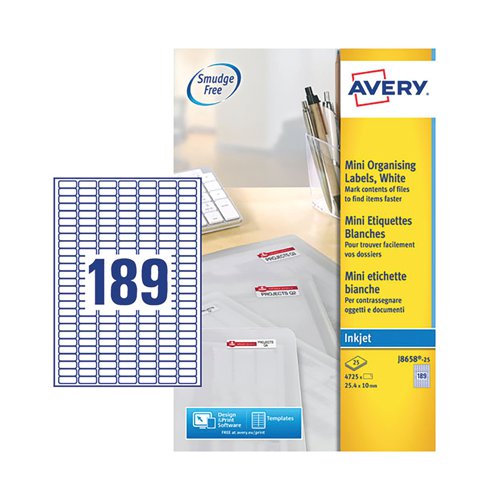 These Avery mini labels are ideal for use as return address labels, as well as marking and organising documents. For use with your inkjet printer, the labels feature jam free printing for reliable results every time. These mini labels measure 25.4 x 10mm. This pack contains 25 A4 sheets, with 189 white labels per sheet (4725 labels in total).
