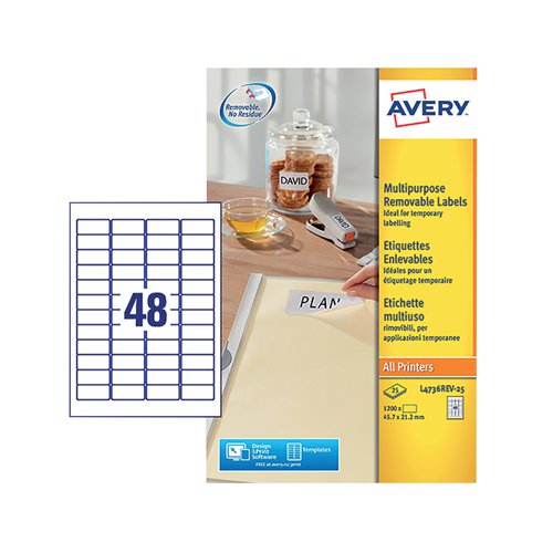 These Avery removable labels stick securely to almost any surface and can be removed or repositioned without leaving sticky residue. The Jam Free technology has been developed for these labels to optimise them for smooth, uninterrupted use with your laser printer. Try Avery's free software and templates to design professional looking labels. Made from fully recyclable paper, this pack contains 25 sheets with 48 labels per sheet (1200 labels in total).