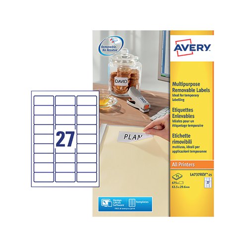 These Avery removable labels stick securely to almost any surface and can be removed or repositioned without leaving sticky residue. The JamFree technology has been developed for these labels to optimise them for smooth, uninterrupted use with your laser printer. Try Avery's free software and templates to design professional looking labels. Made from fully recyclable paper, this pack contains 25 sheets with 27 labels per sheet (675 labels in total).