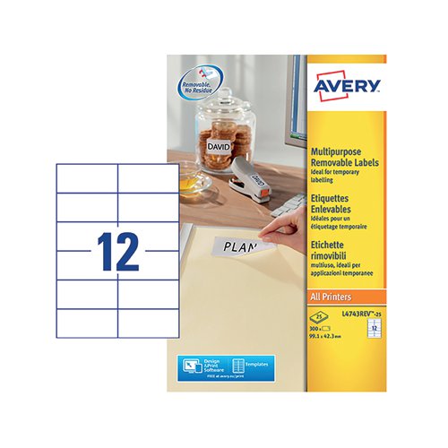 Avery Removable Labels 12 Per Sheet White (Pack of 300) L4743REV-25