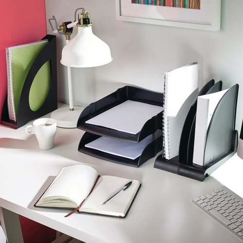 This environmentally friendly Avery DTR Eco letter tray is made from 100% recycled plastic and is ideal for desktop filing and organisation. The tray features an angled base to keep contents secure and a scooped front for easy retrieval of papers and files. The letter tray can be stacked straight, staggered, or at a 90 degree angle with Avery risers (available separately). This pack contains 1 black letter tray measuring W270 x D360 x H60mm.