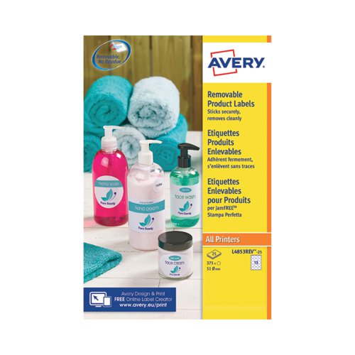 Avery Removable Labels 51mm dia 15 P/Sht Wht (Pack of 375) L4853REV-25