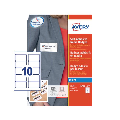 Avery J4785-15 self-adhesive name badge labels are an ideal and convenient way to create printed or handwritten badges for visitors, seminars, meetings, parties and events. These badges are made from acetate silk, and have unique perforations to make it possible to separate badges without removing them from their protective backsheet. Each badge can be handed out or displayed for self-service use. Suitable for laser printers these labels will stick securely to most fabrics and remove easily without damaging clothes. This pack contains 15 sheets of badges each measuring 80 x 50mm, with 10 badges per sheet (150 badges in total).