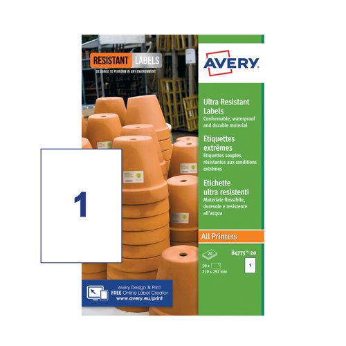 Avery Ultra Resistant Labels are made from a durable and waterproof film material with extra strong adhesive making them suitable for safe and permanent marking even outdoors in wind and rain. Ideal for outdoor storage use, the white label material is BS5609 Part 2 certified for label and adhesive durability for at least 90 days in seawater and is approved by the Globally Harmonized System (GHS), chemical hazard labelling for marking of chemicals for transport by sea/air. Being resistant to chemicals, abrasion, UV, water, tearing and extreme temperature changes from -40°C to + 150°C, these are the ultimate choice for industrial labelling of containers such as drums, jugs, bottle, cans, flask and dropper bottles and beakers. Each label measures 210 x 297mm and this pack contains 20 sheets, with 1 label per sheet (20 labels in total).