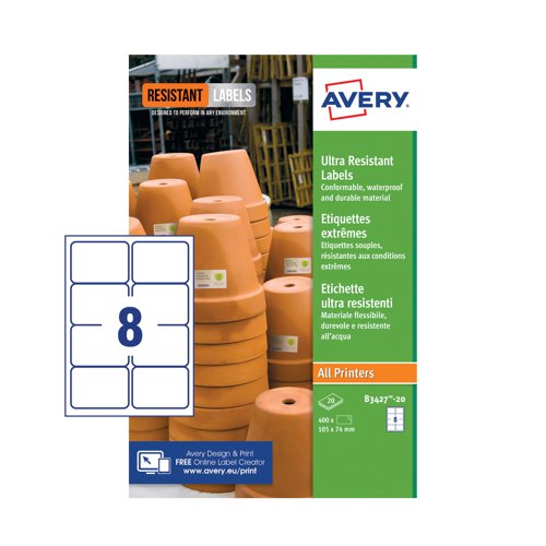 Avery Ultra Resistant Labels are made from a durable and waterproof film material with extra strong adhesive making them suitable for safe and permanent marking even outdoors in wind and rain. Ideal for outdoor storage use, the white label material is BS5609 Part 2 certified for label and adhesive durability for at least 90 days in seawater and is approved by the Globally Harmonized System (GHS), chemical hazard labelling for marking of chemicals for transport by sea/air. Being resistant to chemicals, abrasion, UV, water, tearing and extreme temperature changes from -40°C to + 150°C, these are the ultimate choice for industrial labelling of containers such as drums, jugs, bottle, cans, flask and dropper bottles and beakers. Each label measures 74 x 105mm and this pack contains 20 sheets, with 8 labels per sheet (160 labels in total).