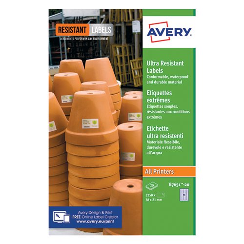 Avery Ultra Resistant Lavels 38x21mm Pack 1300 B7651-20