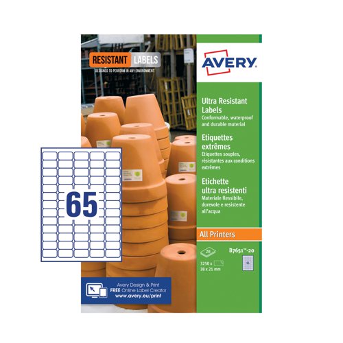 Avery Ultra Resistant Labels are made from a durable and waterproof film material with extra strong adhesive making them suitable for safe and permanent marking even outdoors in wind and rain. Ideal for outdoor storage use, the white label material is BS5609 Part 2 certified for label and adhesive durability for at least 90 days in seawater and is approved by the Globally Harmonized System (GHS), chemical hazard labelling for marking of chemicals for transport by sea/air. Being resistant to chemicals, abrasion, UV, water, tearing and extreme temperature changes from -40°C to + 150°C, these are the ultimate choice for industrial labelling of containers such as drums, jugs, bottle, cans, flask and dropper bottles and beakers. Each label measures 38 x 21mm and this pack contains 20 sheets, with 65 labels per sheet (1300 labels in total).