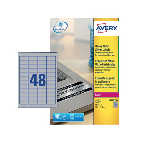 Avery Laser Label H/Duty 48 Per Sheet Silver (Pack of 960) L6009-20 - Avery UK - AV13608 - McArdle Computer and Office Supplies